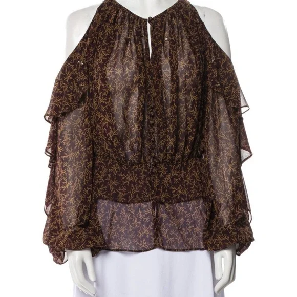 Acler Size S Brown & Yellow Long Sleeve Beaded Detail Ruffle Blouse Designer